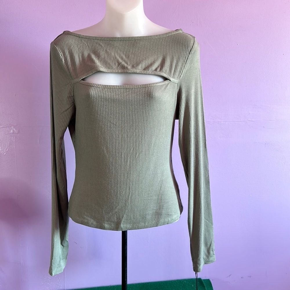 7 For All Mankind Blouse M Green Ribbed Long Sleeve Stretch Top Women's